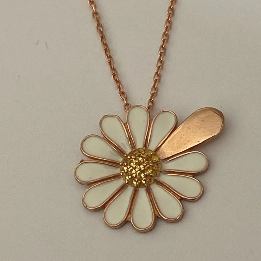 925 Silver daisy necklace cz initial handmade enamel 14k rose gold plated